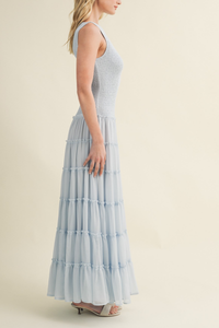 Smocked Boat Neck Tiered Maxi Dress