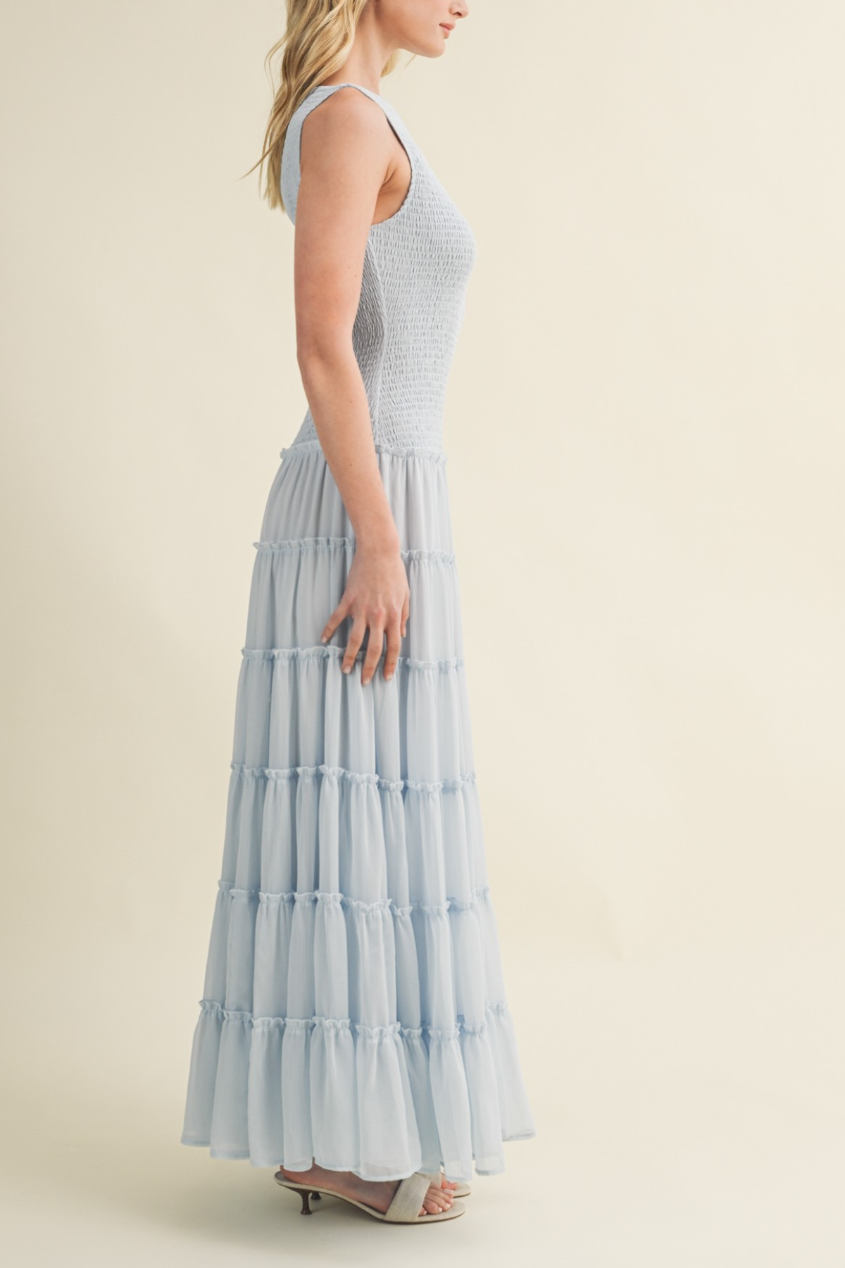 Smocked Boat Neck Tiered Maxi Dress