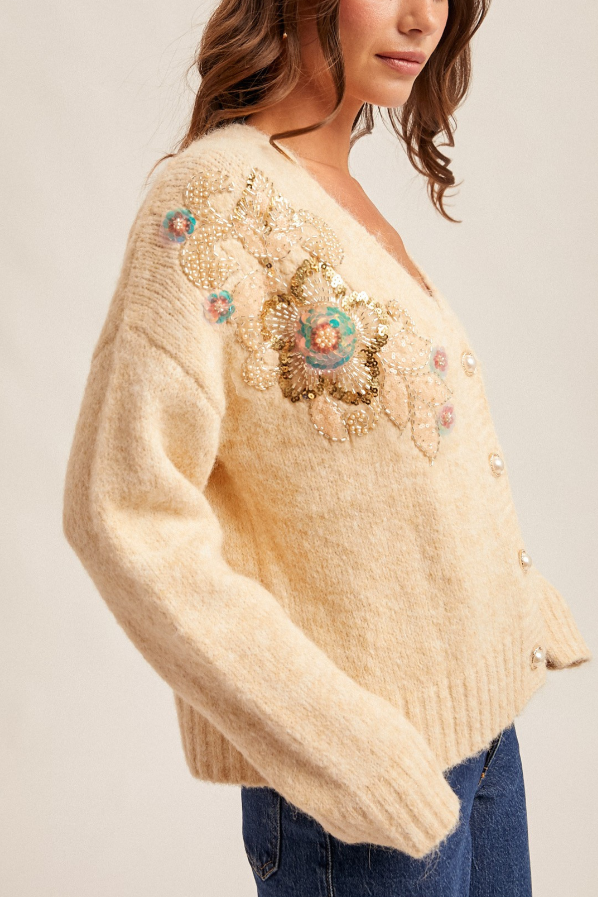 Floral Sequin Beaded Button Down Cardigan