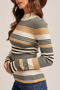 Stripe Mock Neck Rib Sweater Top