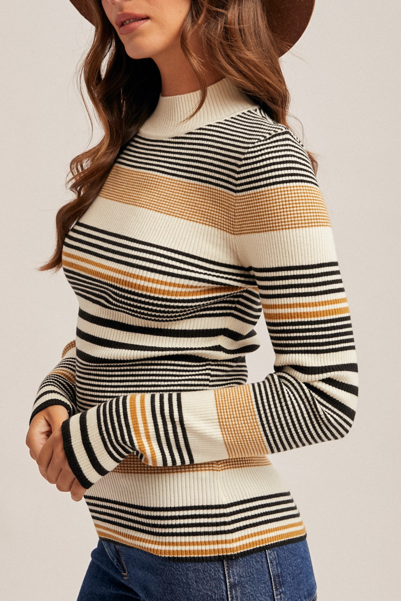 Stripe Mock Neck Rib Sweater Top