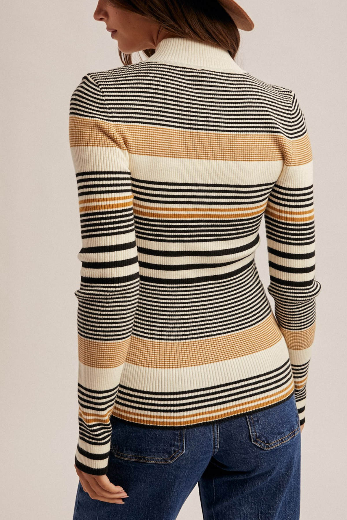 Stripe Mock Neck Rib Sweater Top