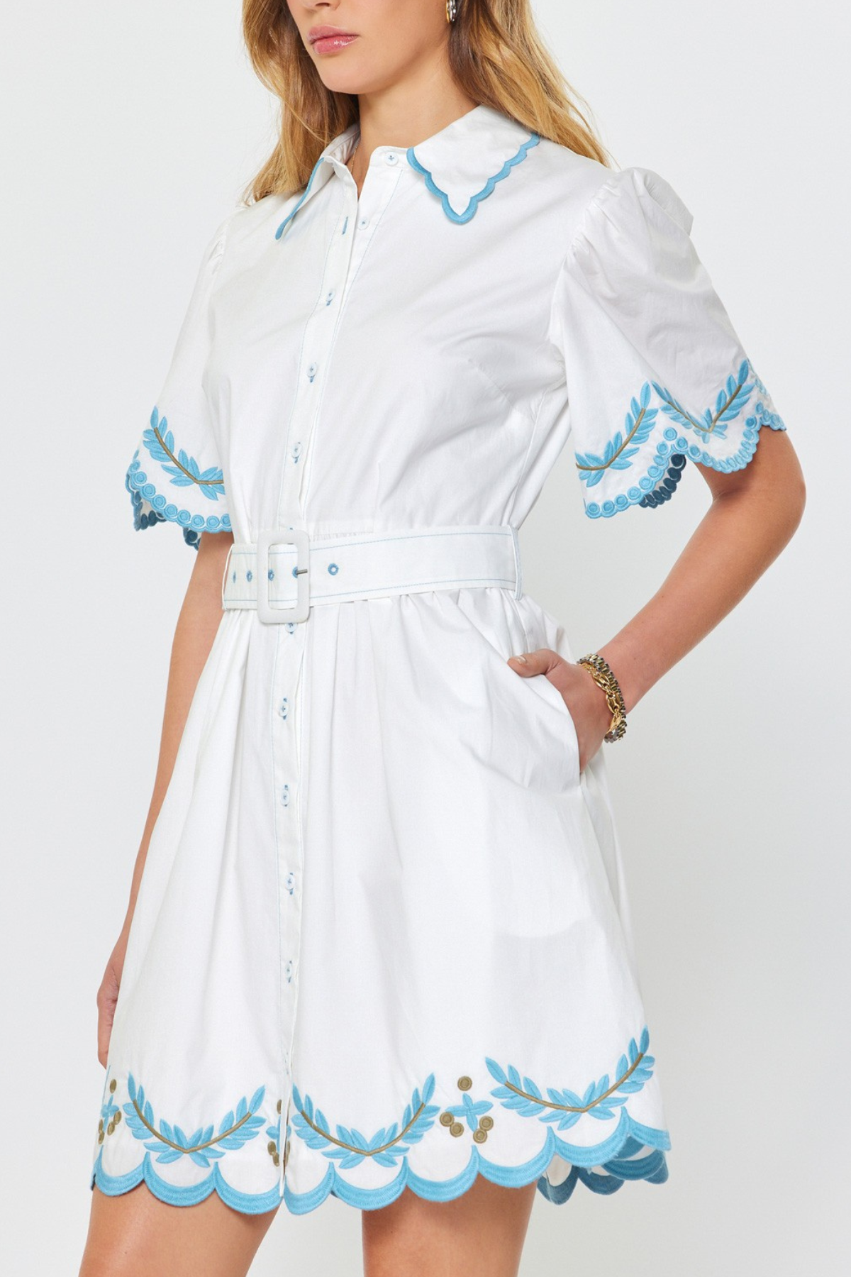 Embroidered Button Down Mini Dress