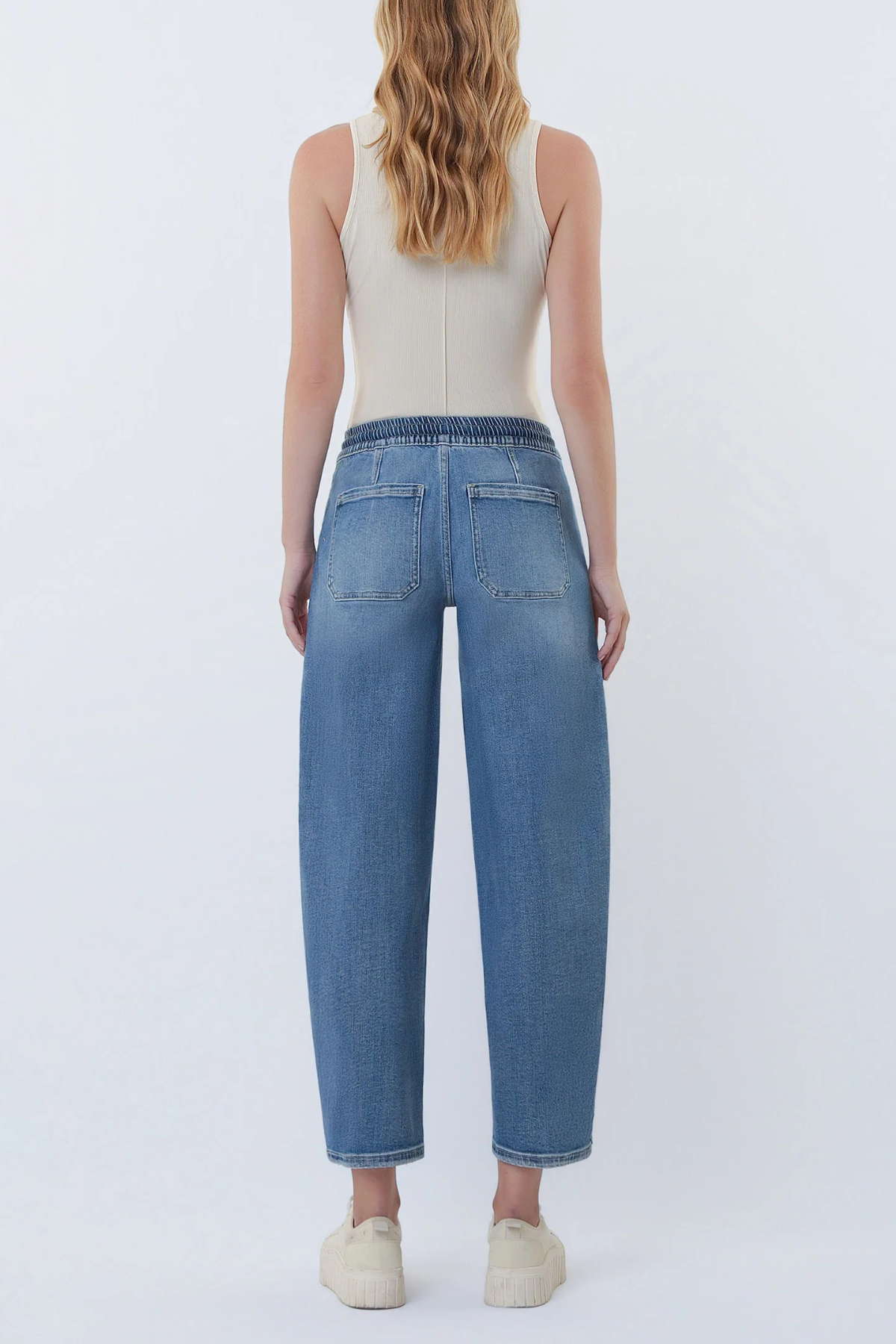 Vervet High Rise Elastic Waistband Wide Barrel Jeans