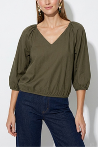 Elastic Puff Sleeve V-Neck Blouse