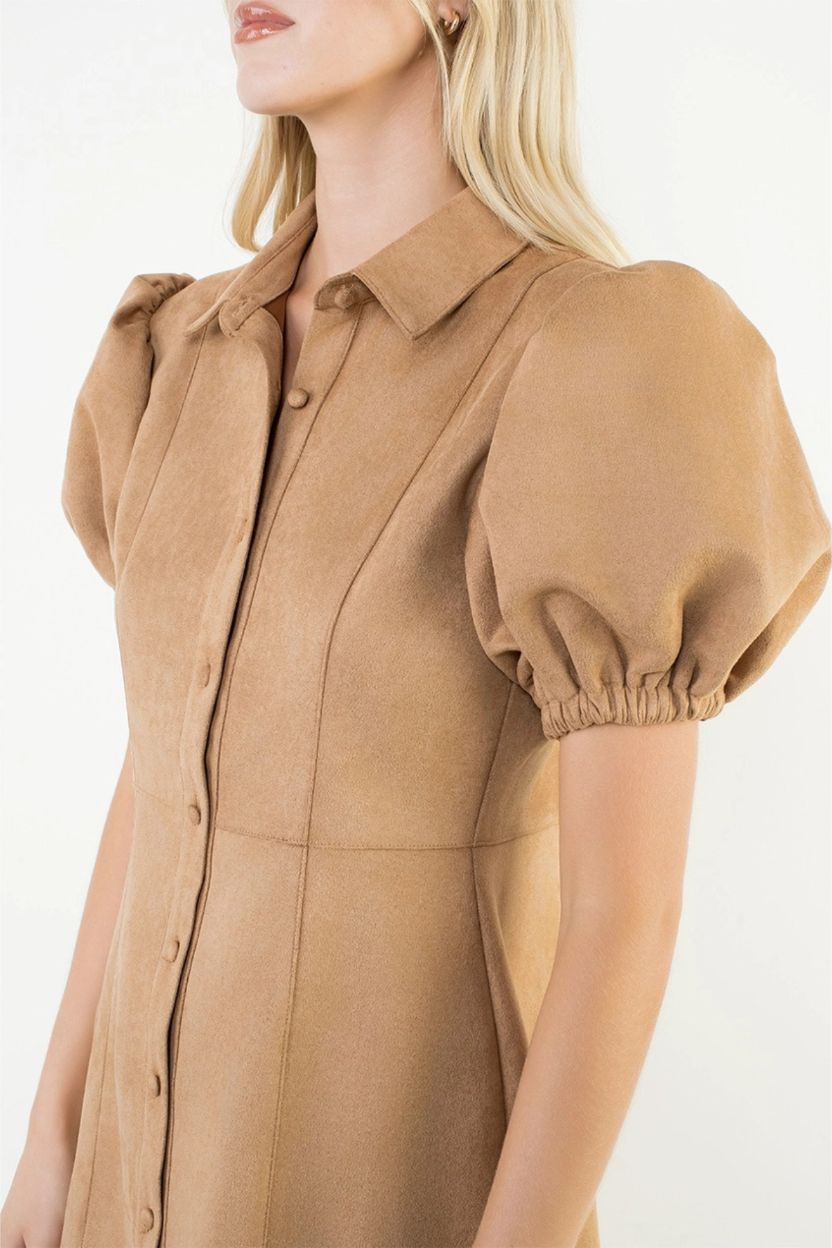 THML Puff Sleeve Button Up Suede Dress
