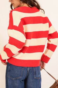 Striped Collared V-Neck Sweater