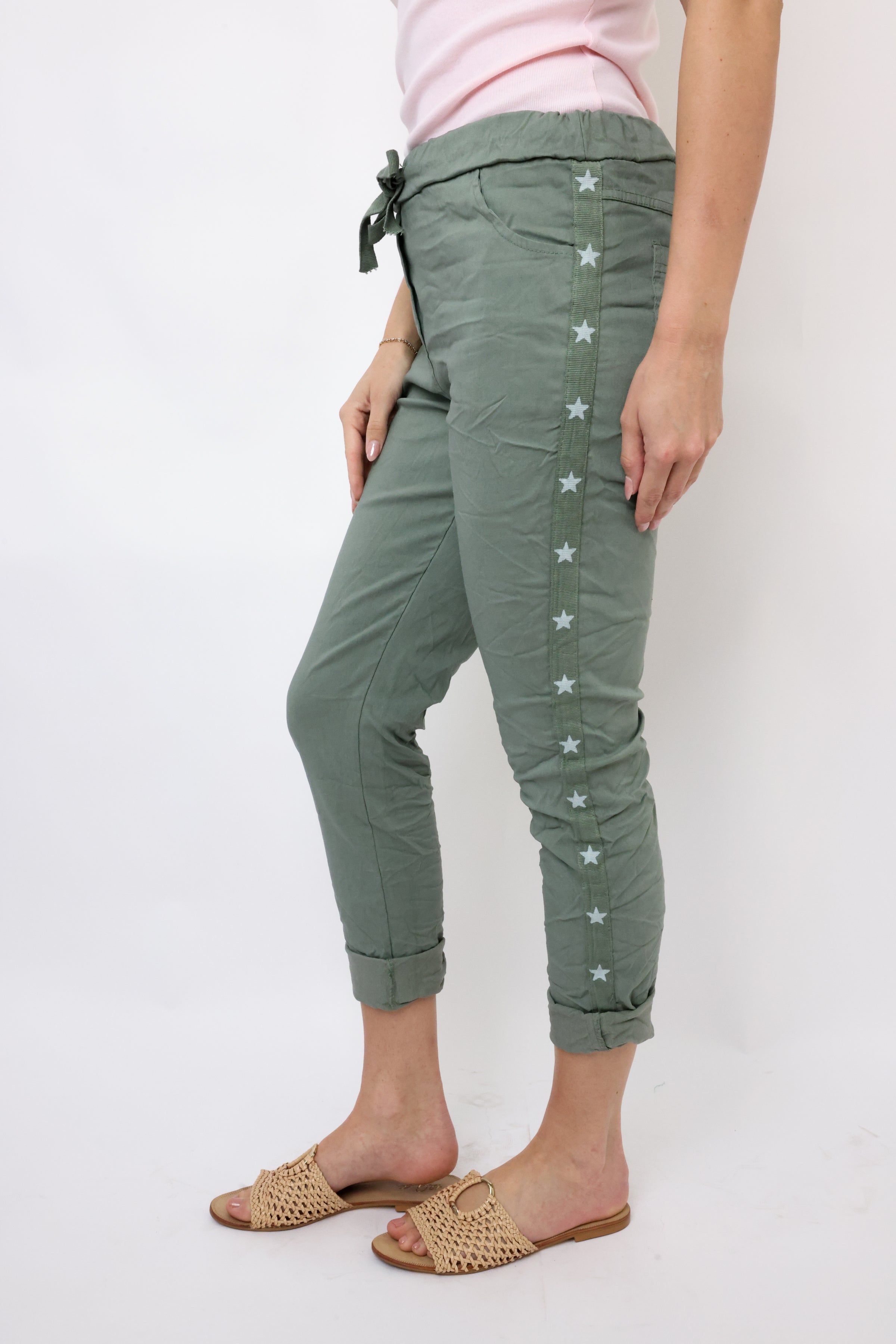Star Ribbon Side Stripe Drawstring Crinkle Jogger