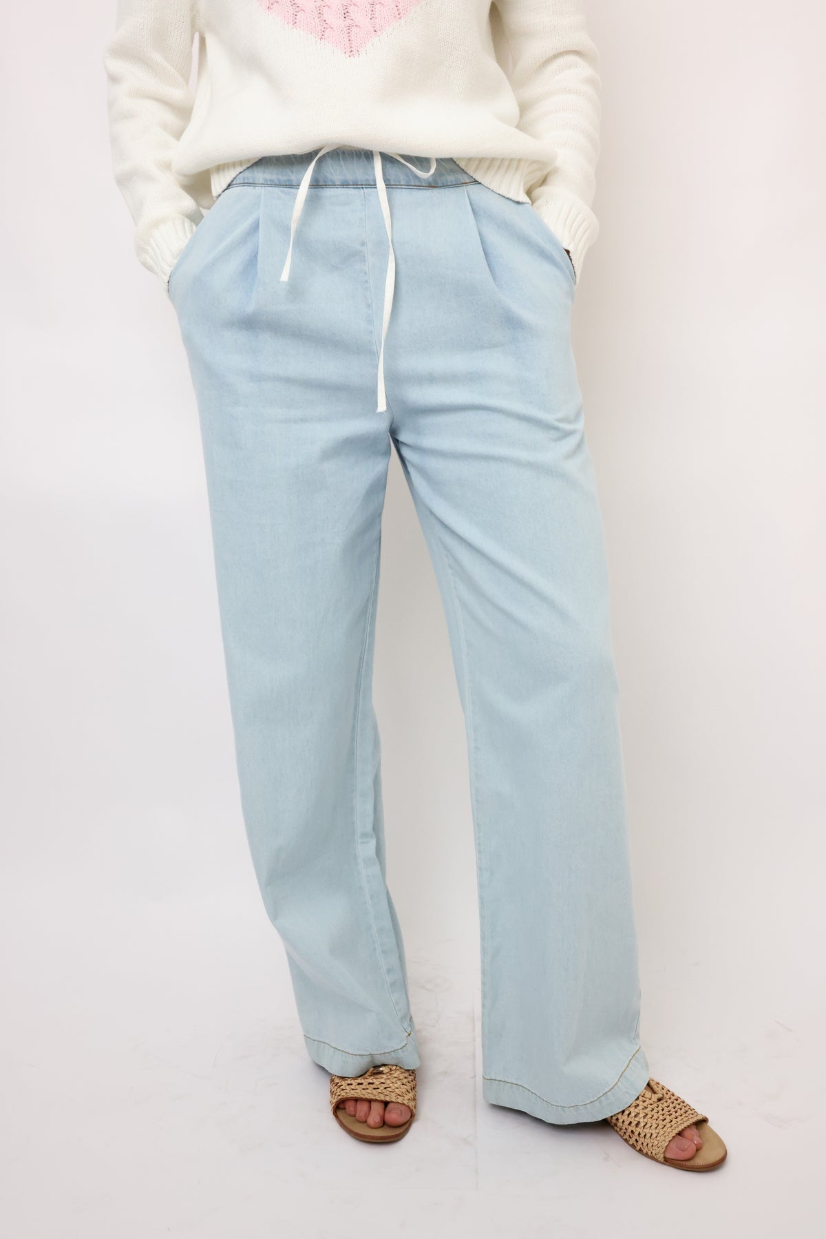 Contrast Waistband Wide Leg Jeans