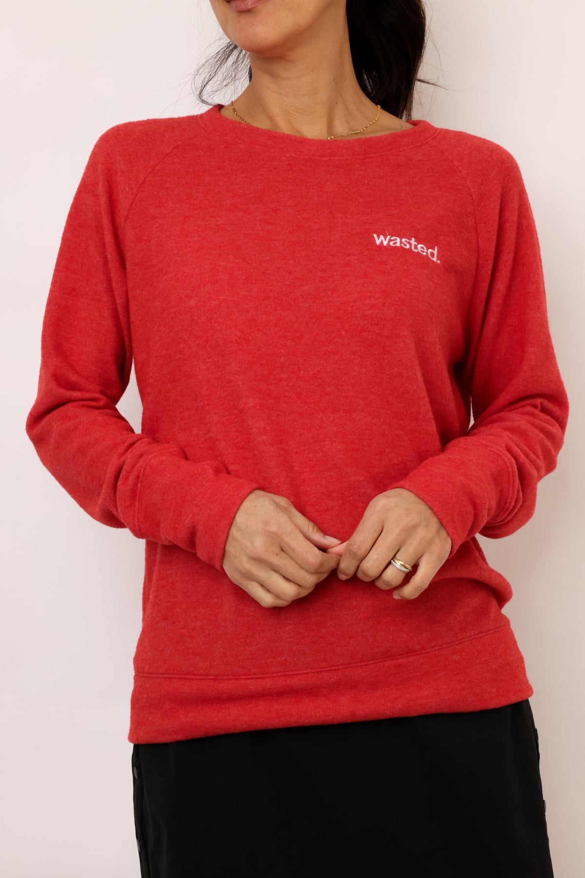 Embroidered Wasted Lightweight Brushed Fleece Pullover Sweater