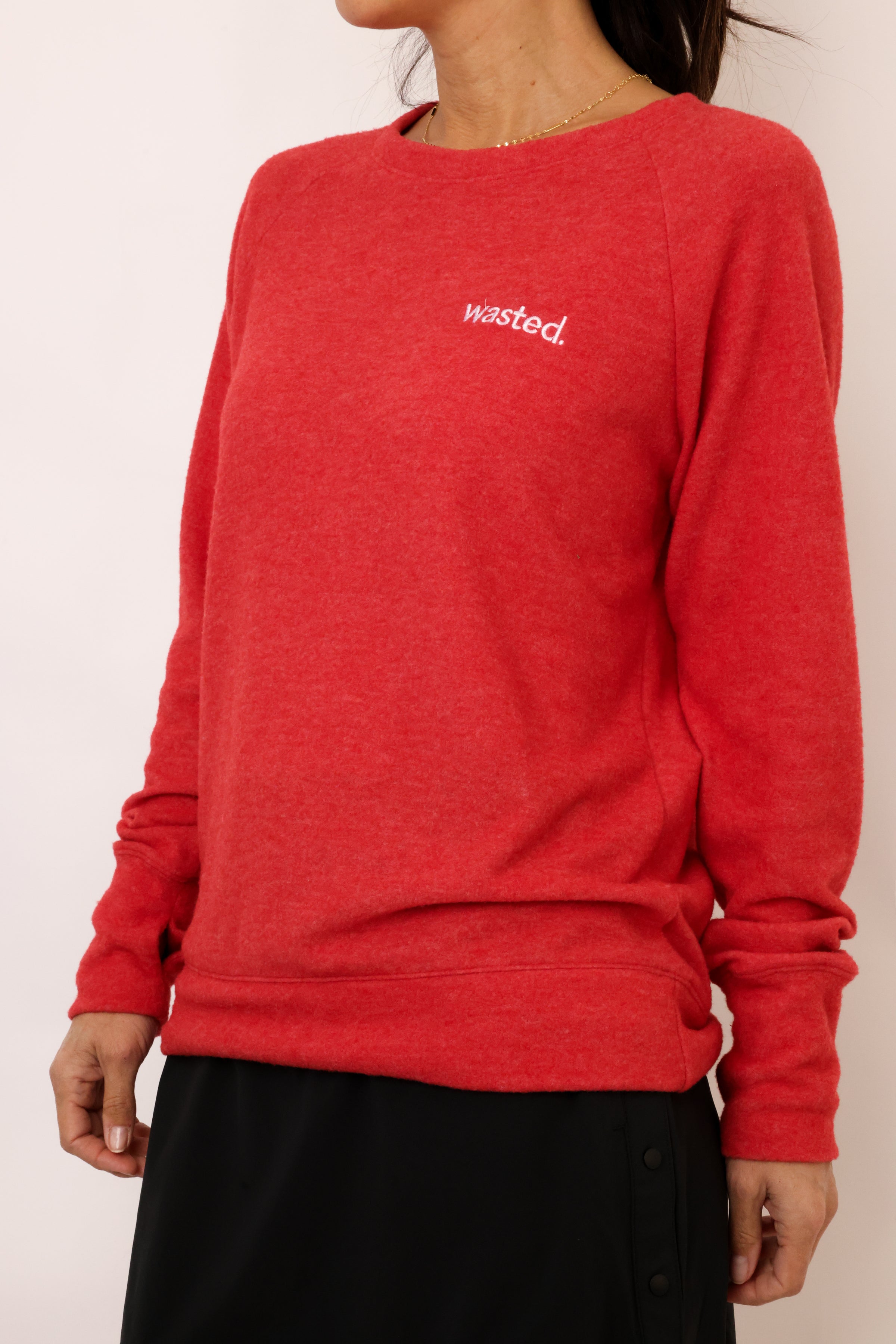 Embroidered Wasted Lightweight Brushed Fleece Pullover Sweater