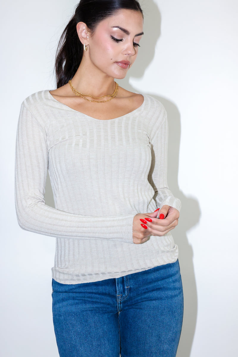 V Neck Long Sleeve Sweater Ribbed Top