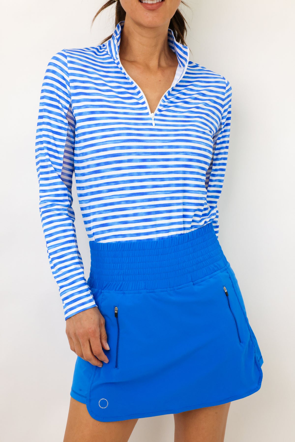 IBKUL Landon Stripe Long Sleeve Zip Mock Top