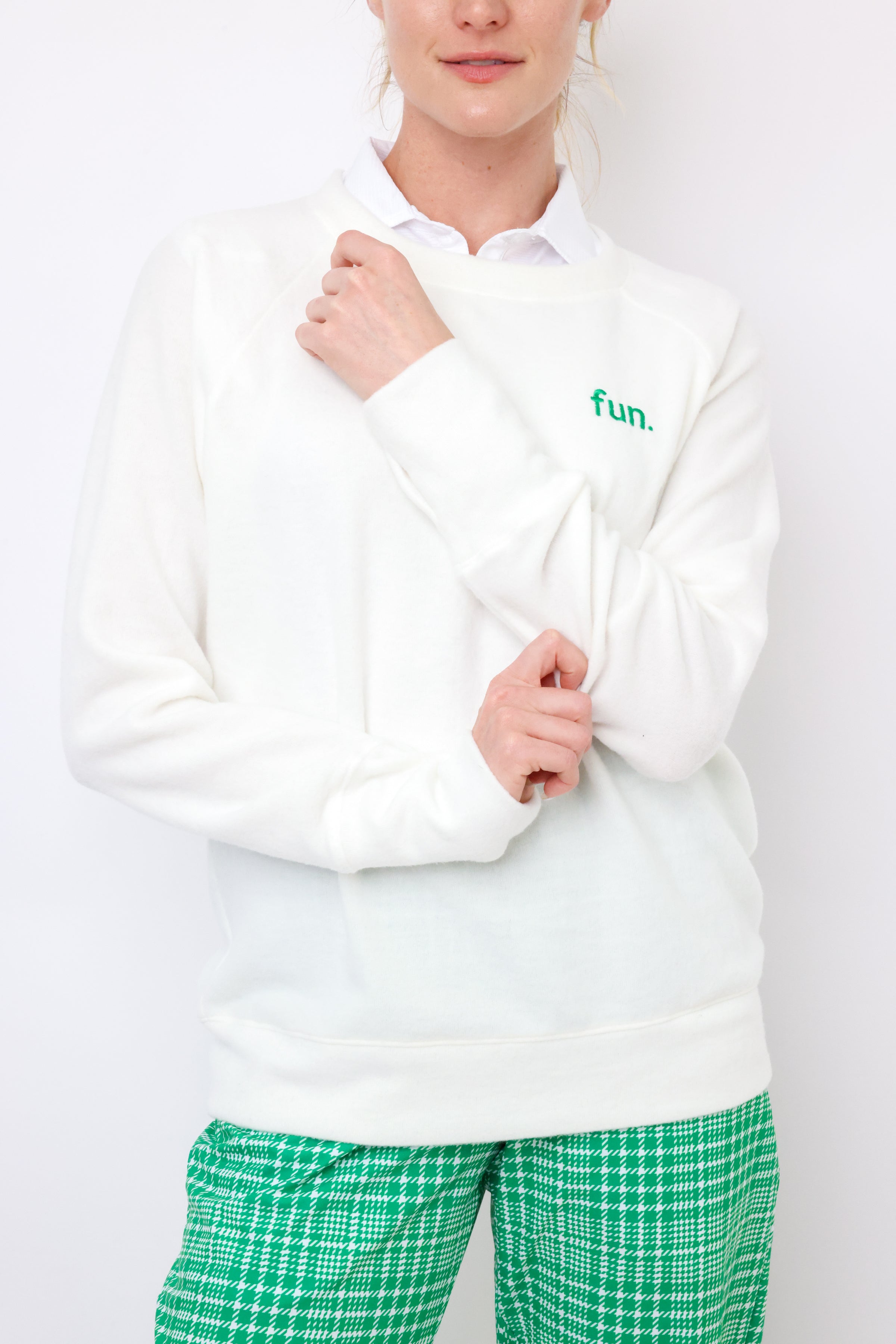 Embriodered Fun Lightweight Brushed Fleece Pullover Sweater