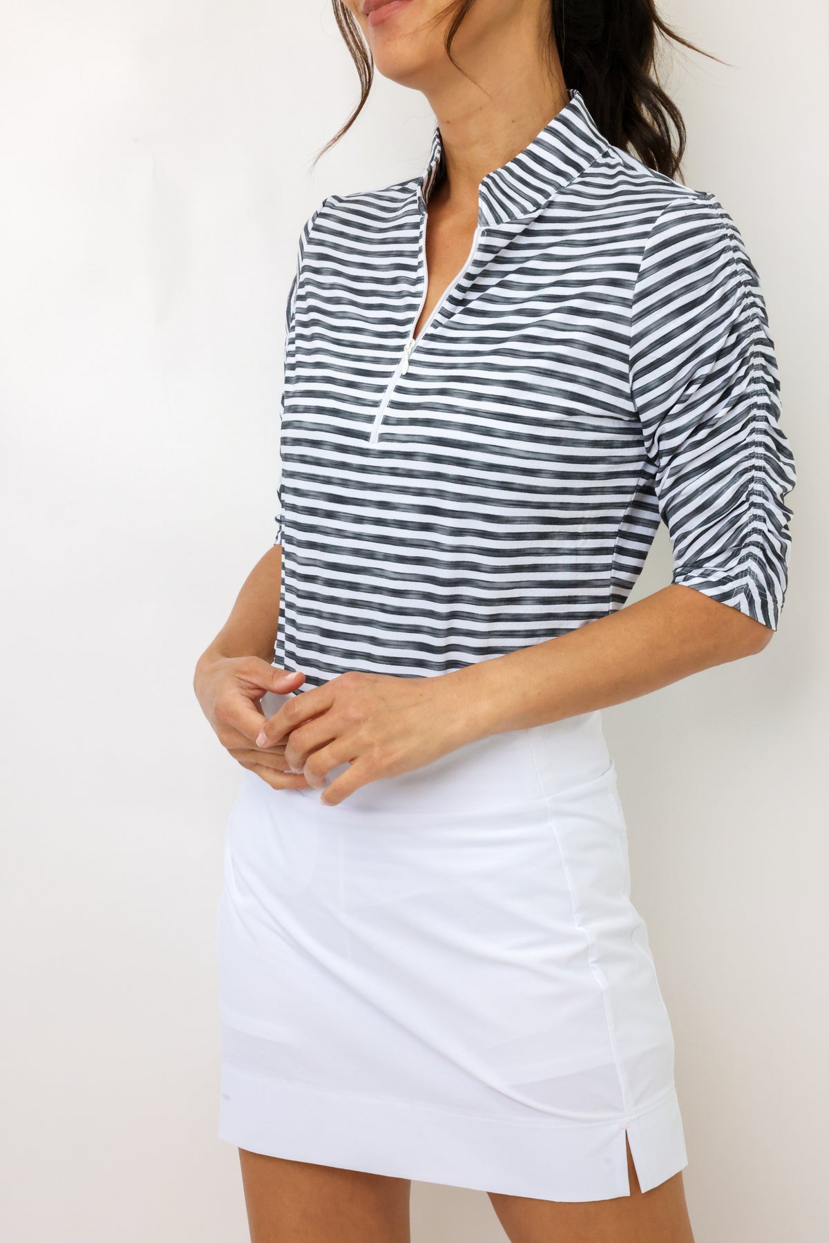 IBKUL Landon Stripe II Print Ruched Elbow Sleeve Top
