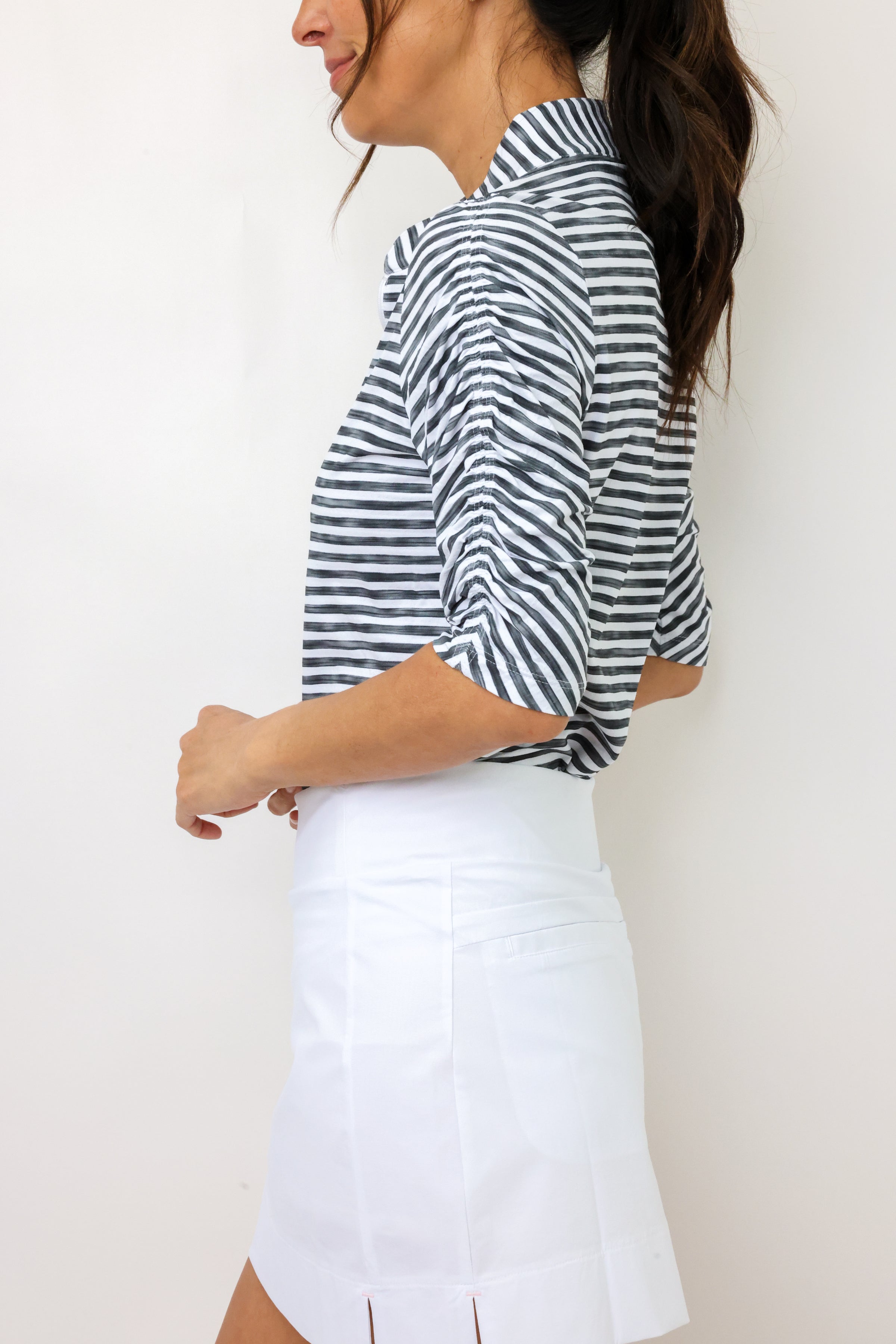 IBKUL Landon Stripe II Print Ruched Elbow Sleeve Top