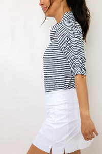 IBKUL Landon Stripe II Print Ruched Elbow Sleeve Top