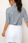 IBKUL Landon Stripe II Print Ruched Elbow Sleeve Top