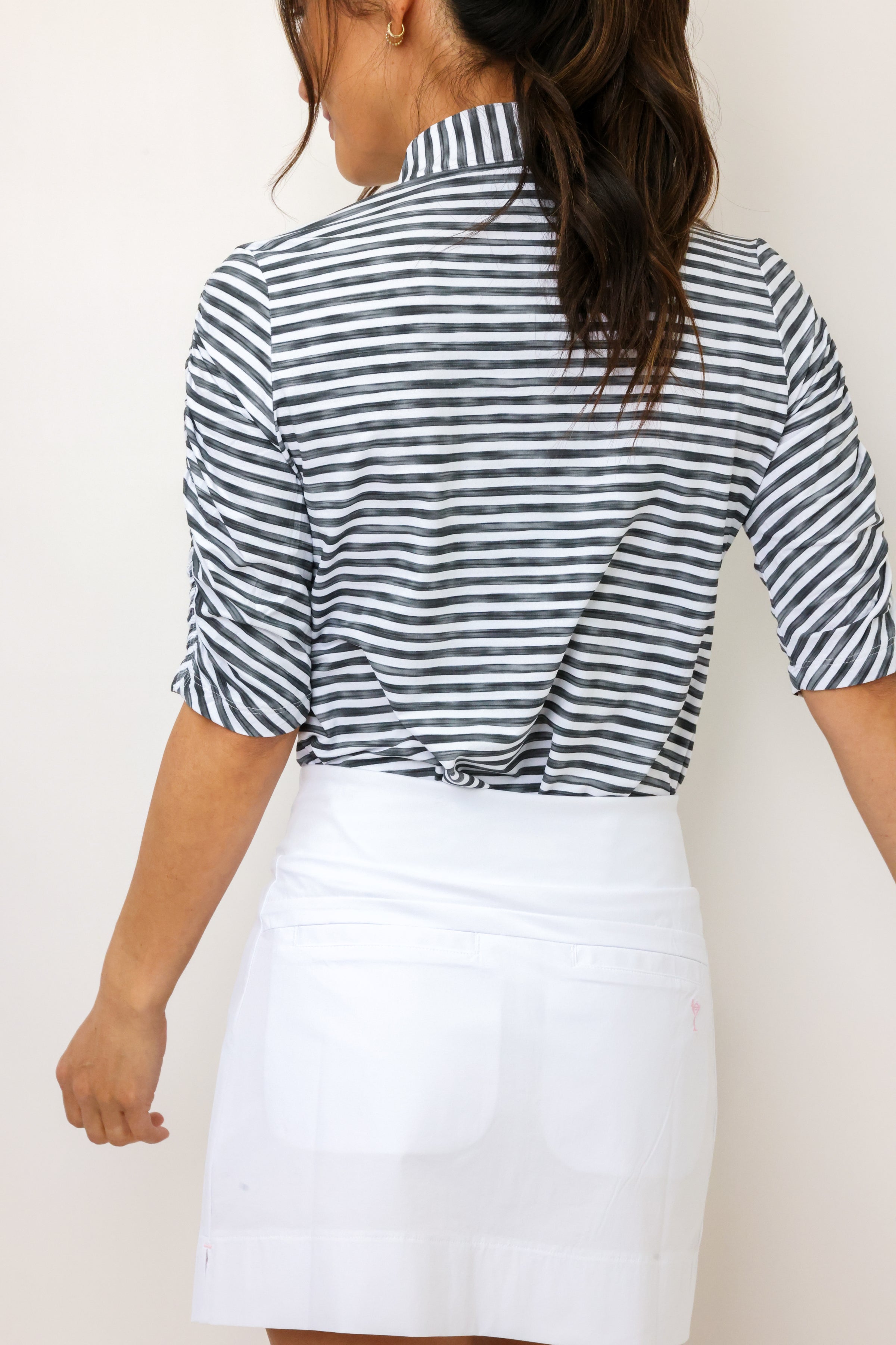 IBKUL Landon Stripe II Print Ruched Elbow Sleeve Top