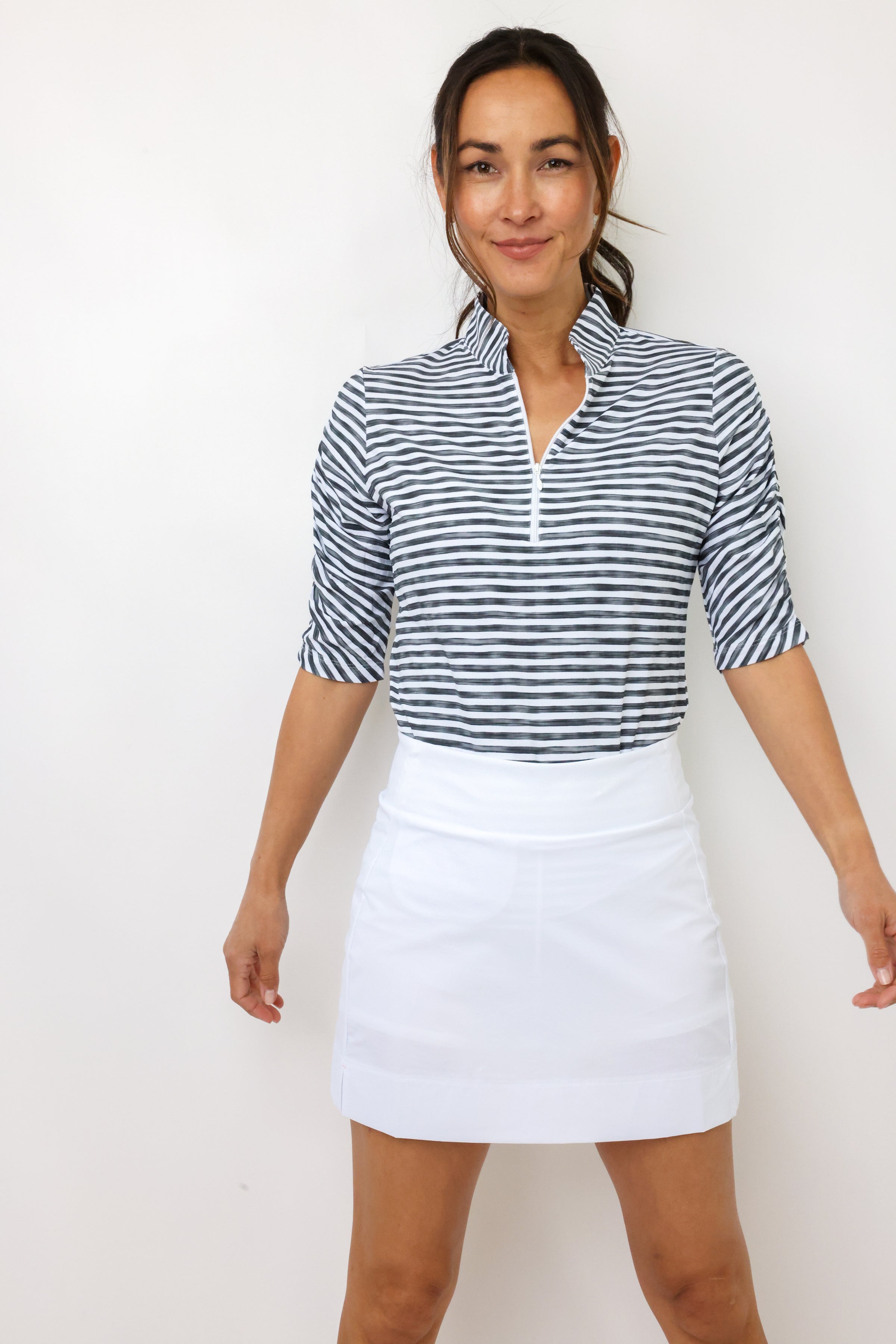 IBKUL Landon Stripe II Print Ruched Elbow Sleeve Top