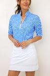 IBKUL Landon Stripe II Print Ruched Elbow Sleeve Top
