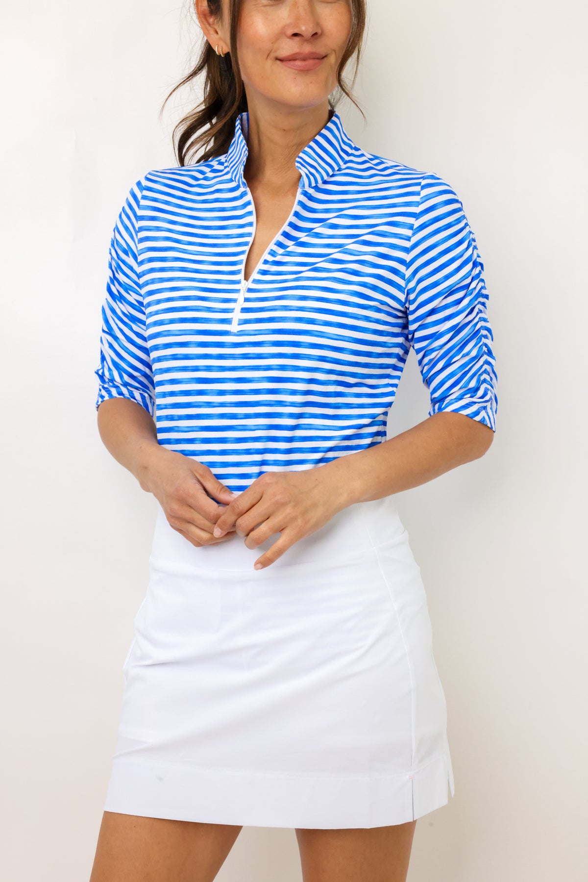 IBKUL Landon Stripe II Print Ruched Elbow Sleeve Top