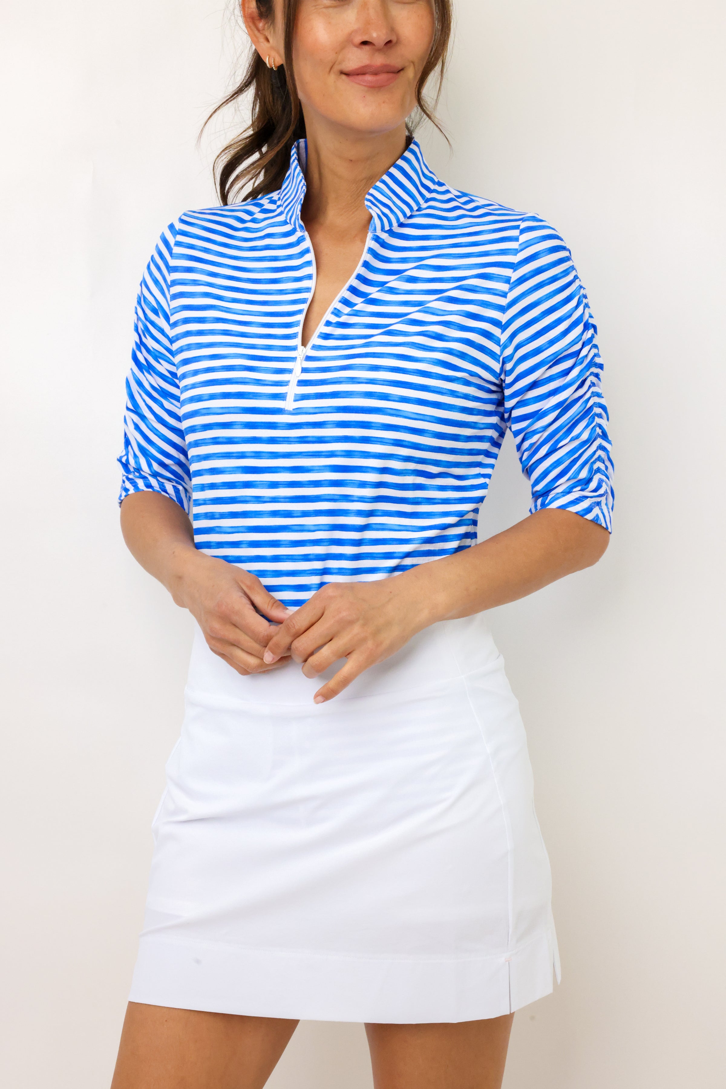 IBKUL Landon Stripe II Print Ruched Elbow Sleeve Top