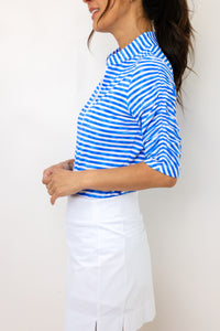 IBKUL Landon Stripe II Print Ruched Elbow Sleeve Top