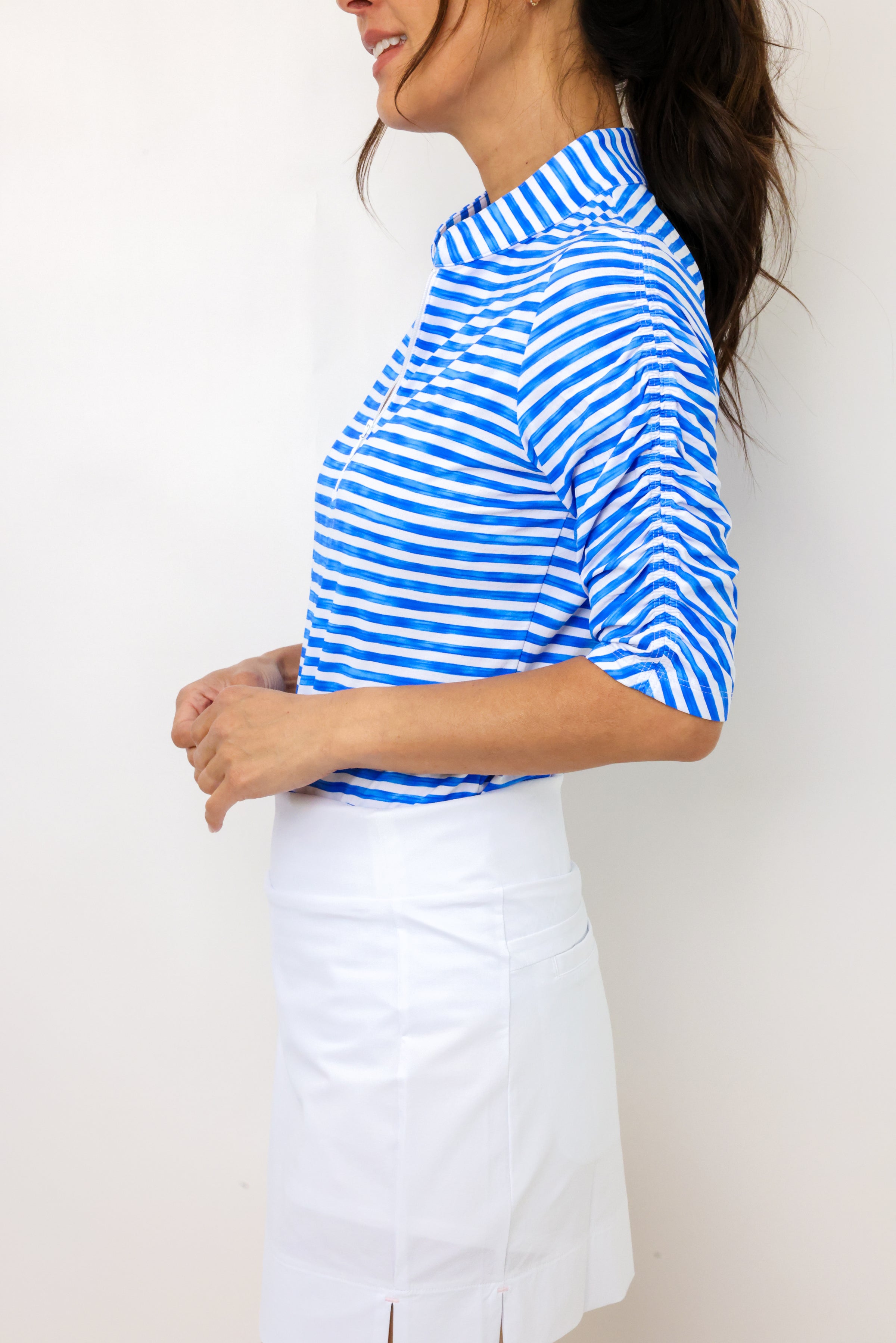 IBKUL Landon Stripe II Print Ruched Elbow Sleeve Top