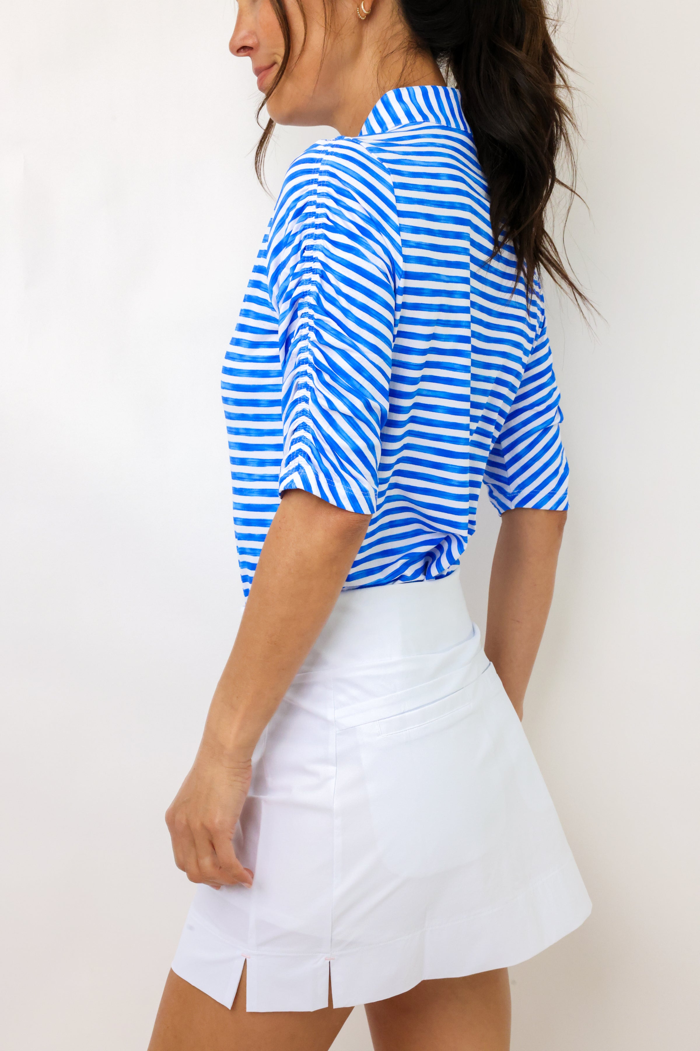 IBKUL Landon Stripe II Print Ruched Elbow Sleeve Top