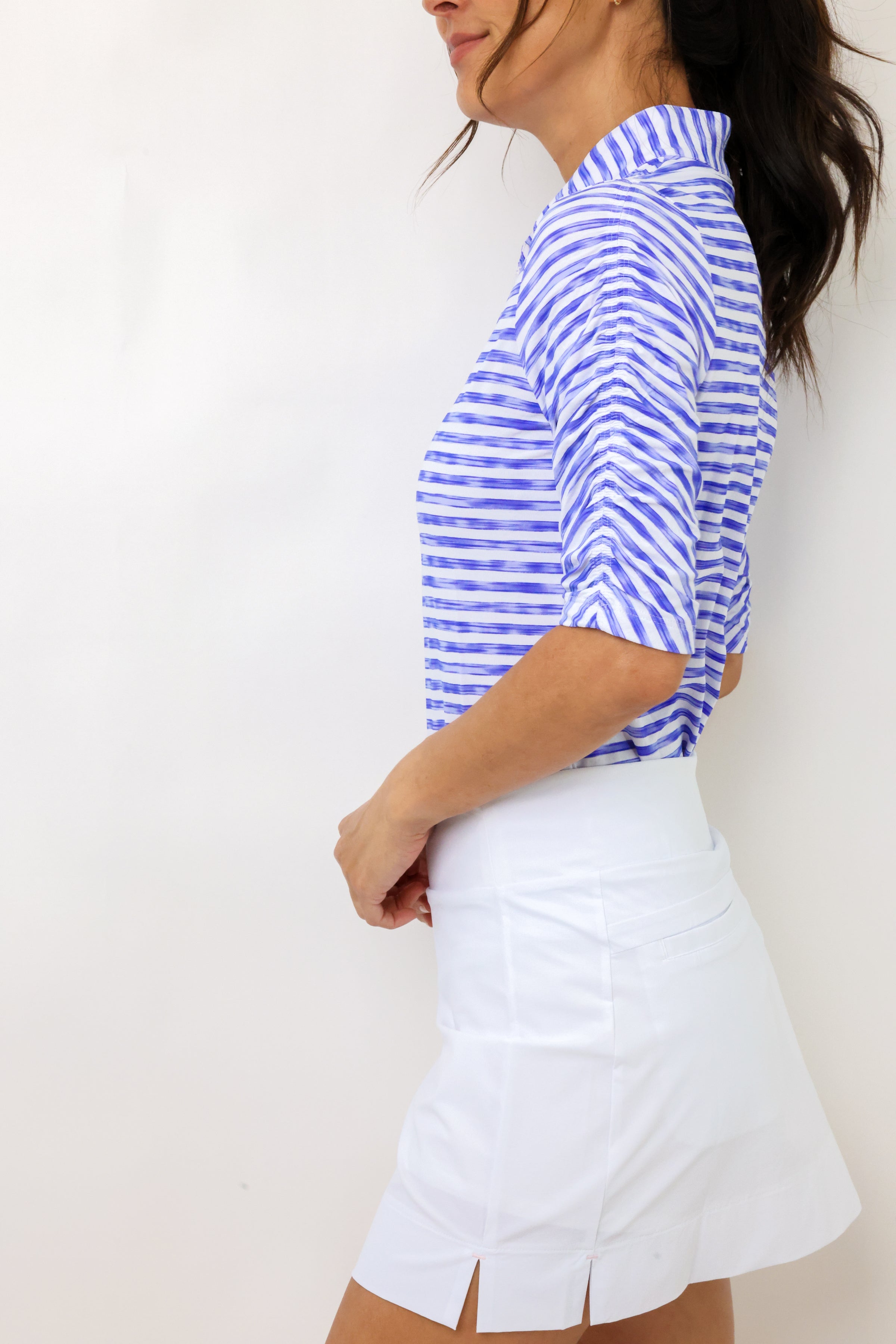 IBKUL Landon Stripe II Print Ruched Elbow Sleeve Top