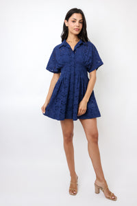 Eyelet Pleated Button Down Mini Dress