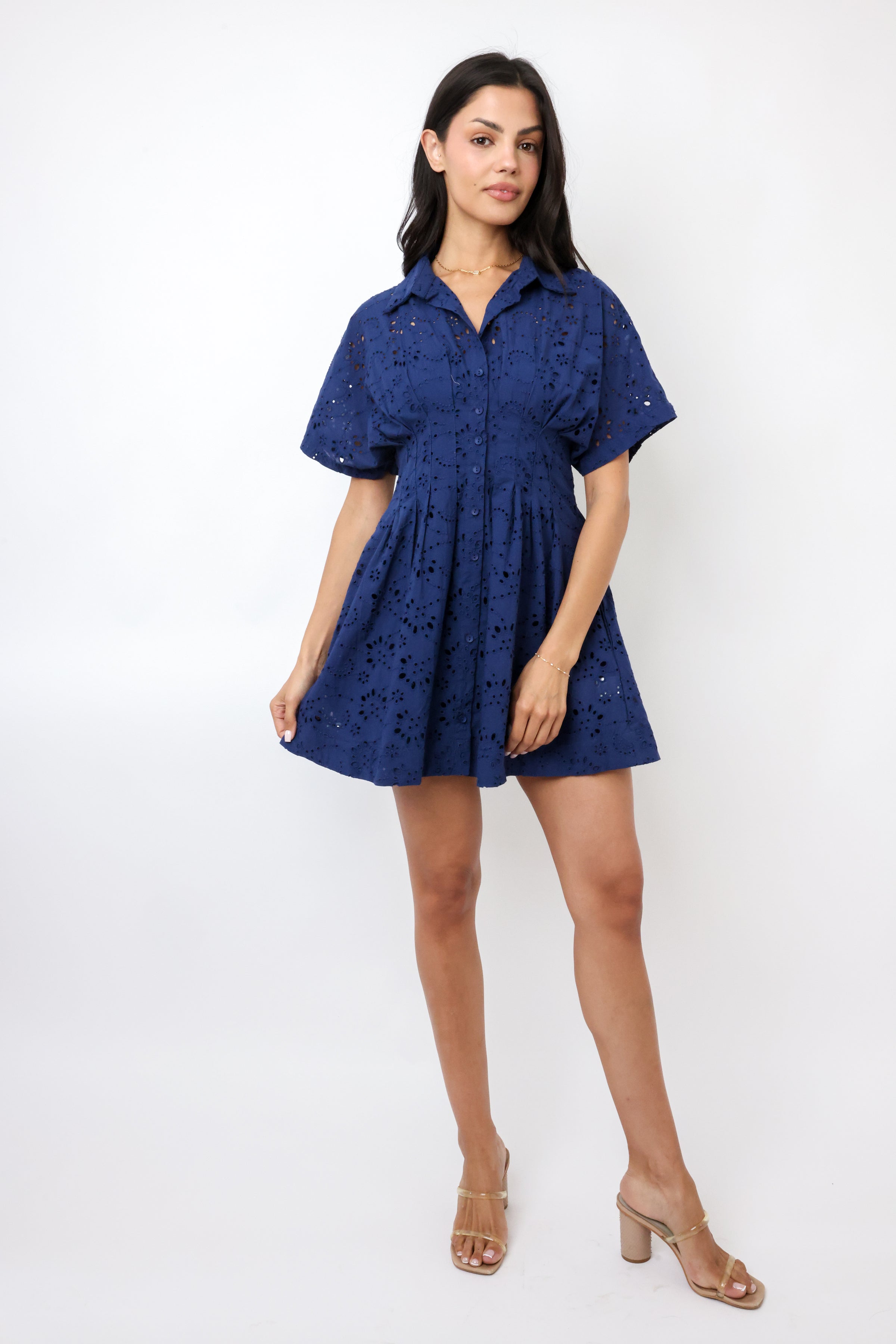 Eyelet Pleated Button Down Mini Dress