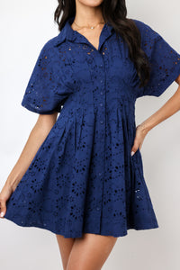 Eyelet Pleated Button Down Mini Dress