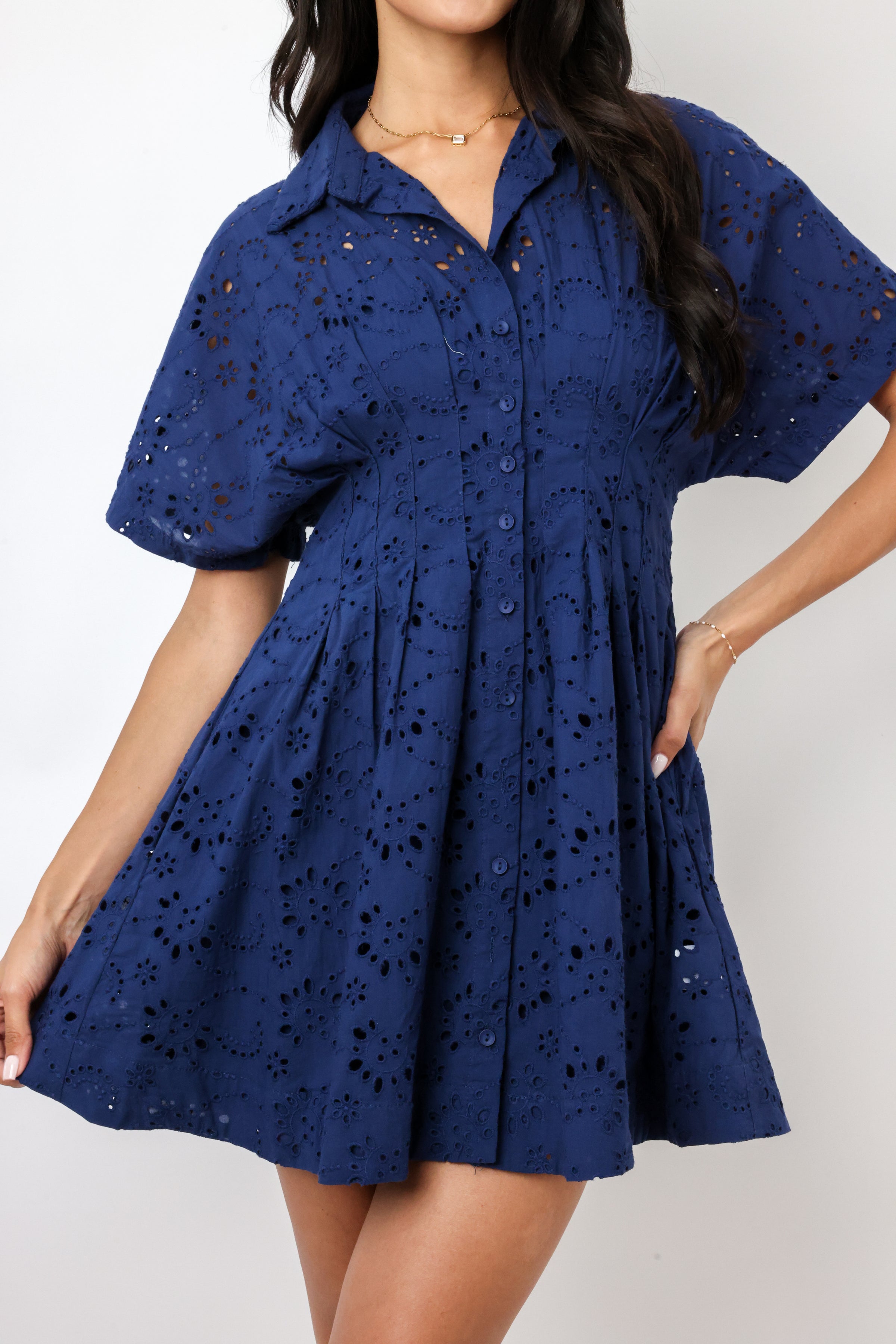 Eyelet Pleated Button Down Mini Dress