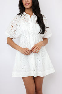 Eyelet Pleated Button Down Mini Dress