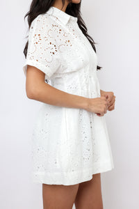 Eyelet Pleated Button Down Mini Dress