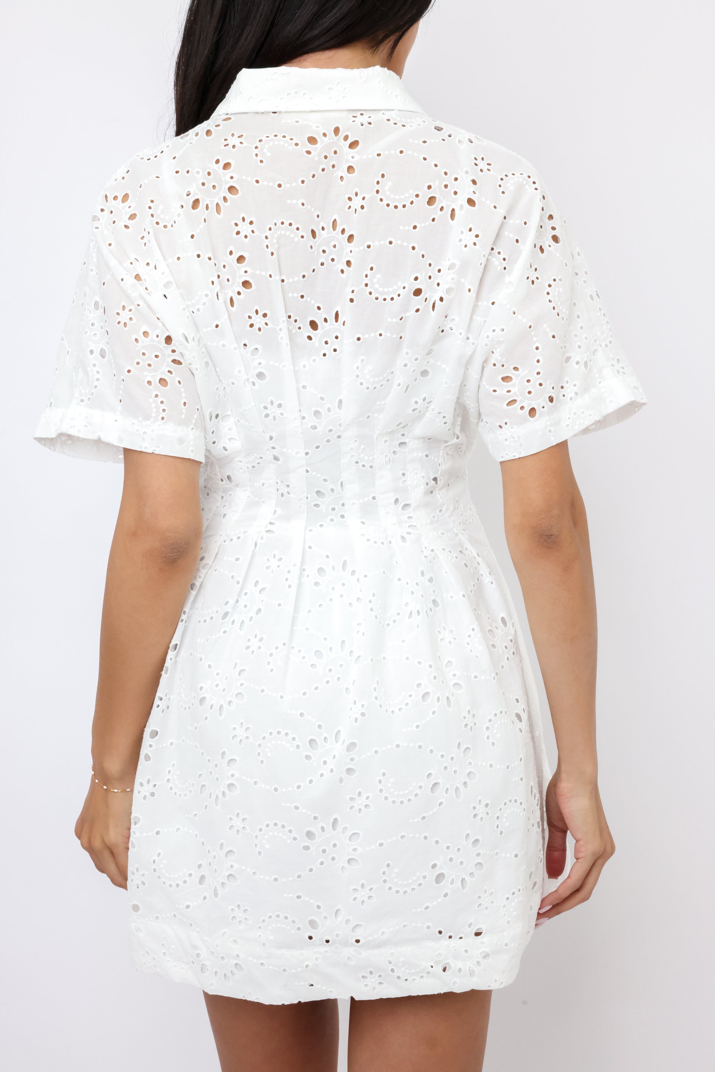 Eyelet Pleated Button Down Mini Dress