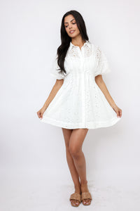 Eyelet Pleated Button Down Mini Dress