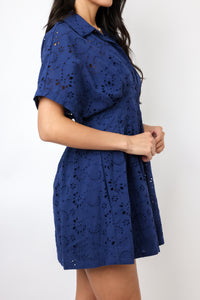 Eyelet Pleated Button Down Mini Dress