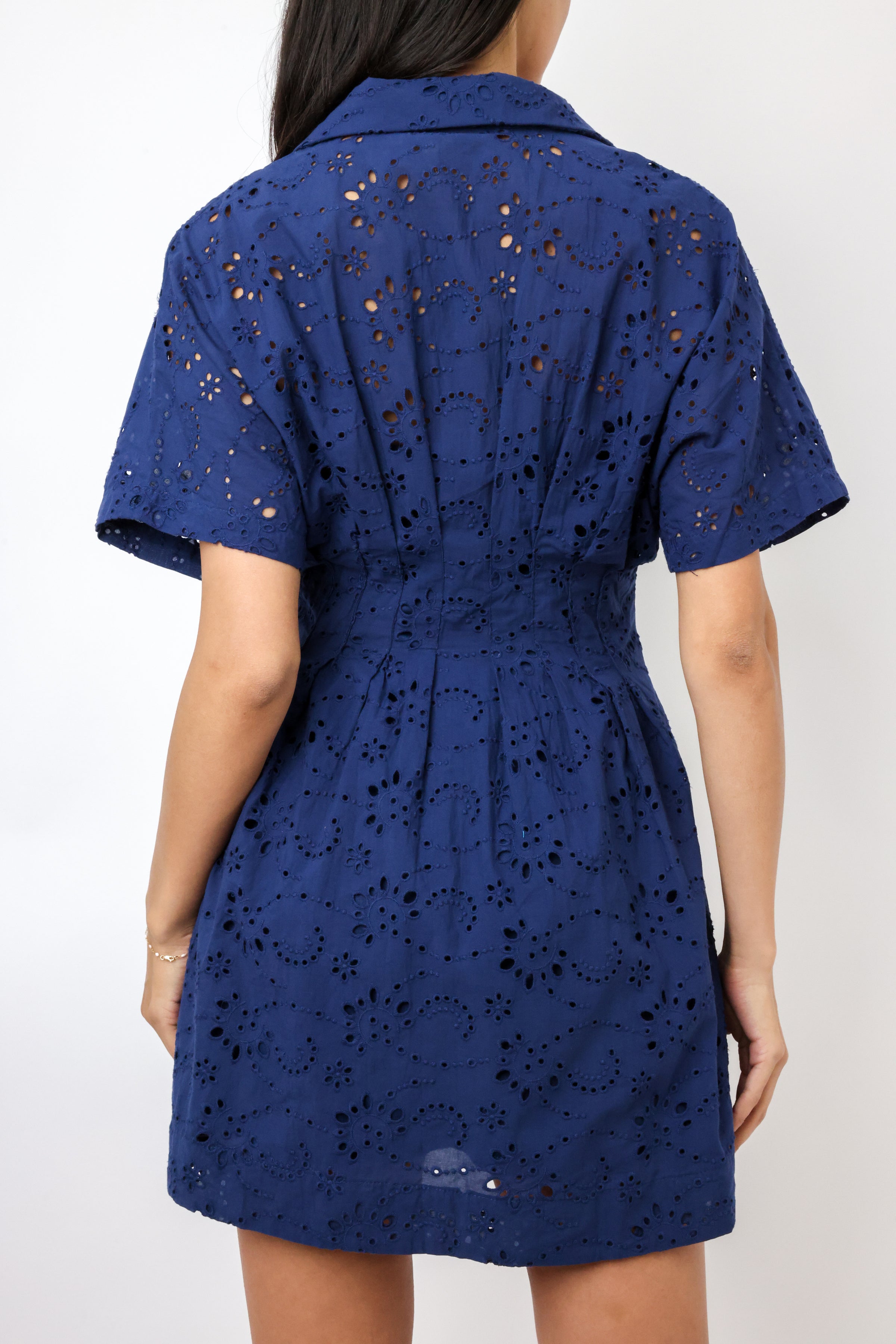 Eyelet Pleated Button Down Mini Dress