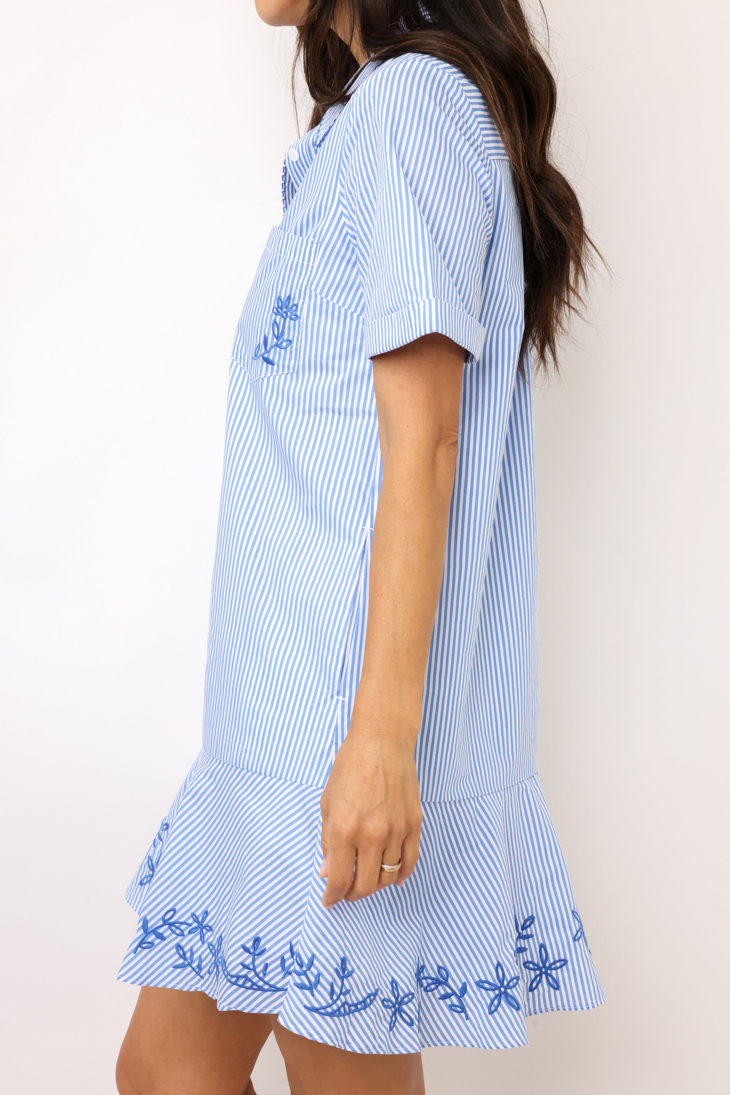 Striped Embroidered Mini Shirt Dress