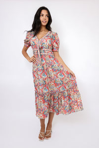 Puff Short Sleeve Ruffle Hem Midi Dress