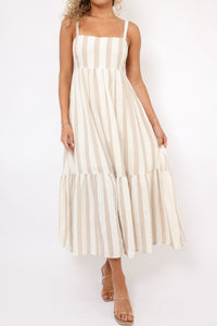 Natural Stripe Tiered Midi Dress