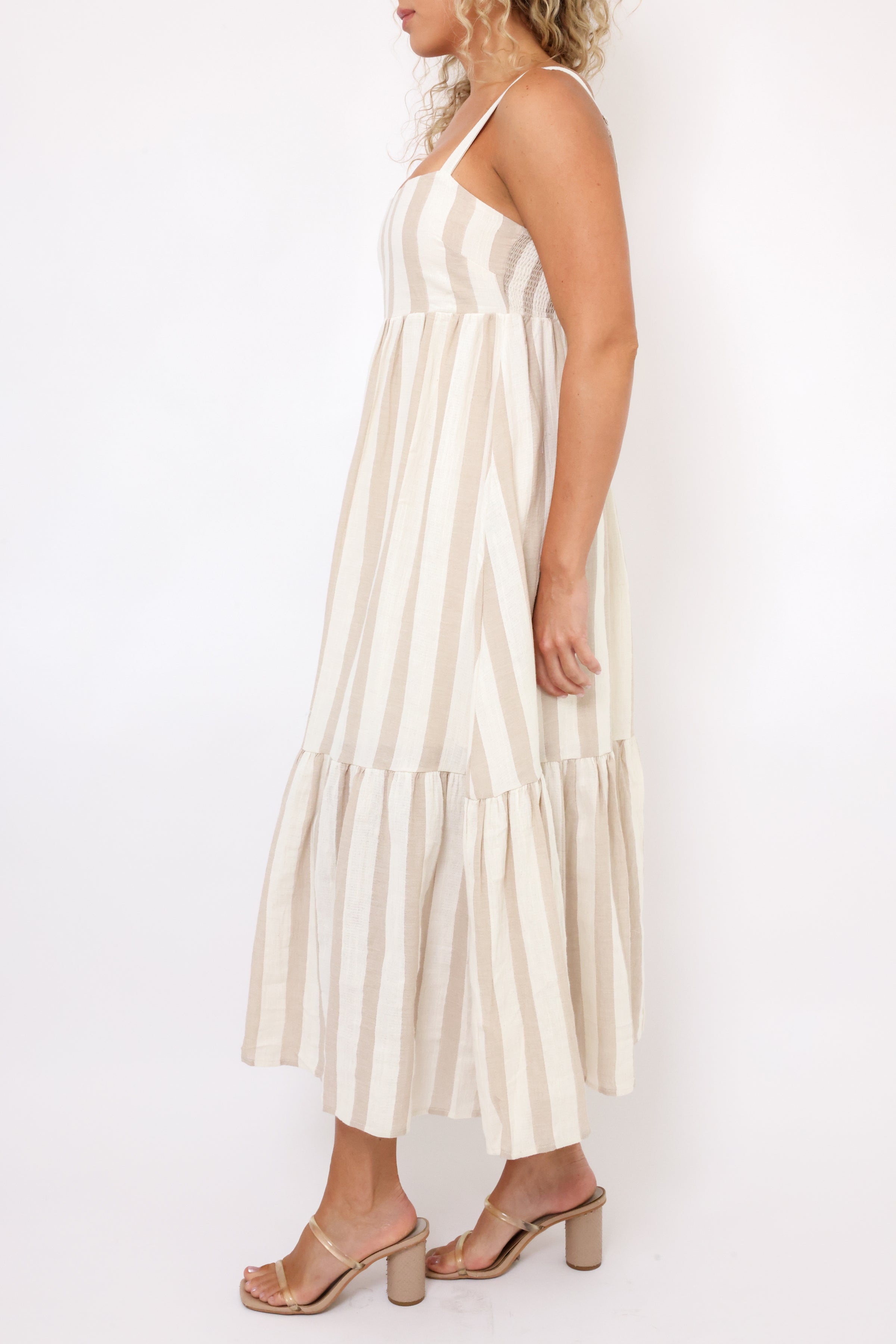 Natural Stripe Tiered Midi Dress