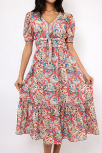 Puff Short Sleeve Ruffle Hem Midi Dress