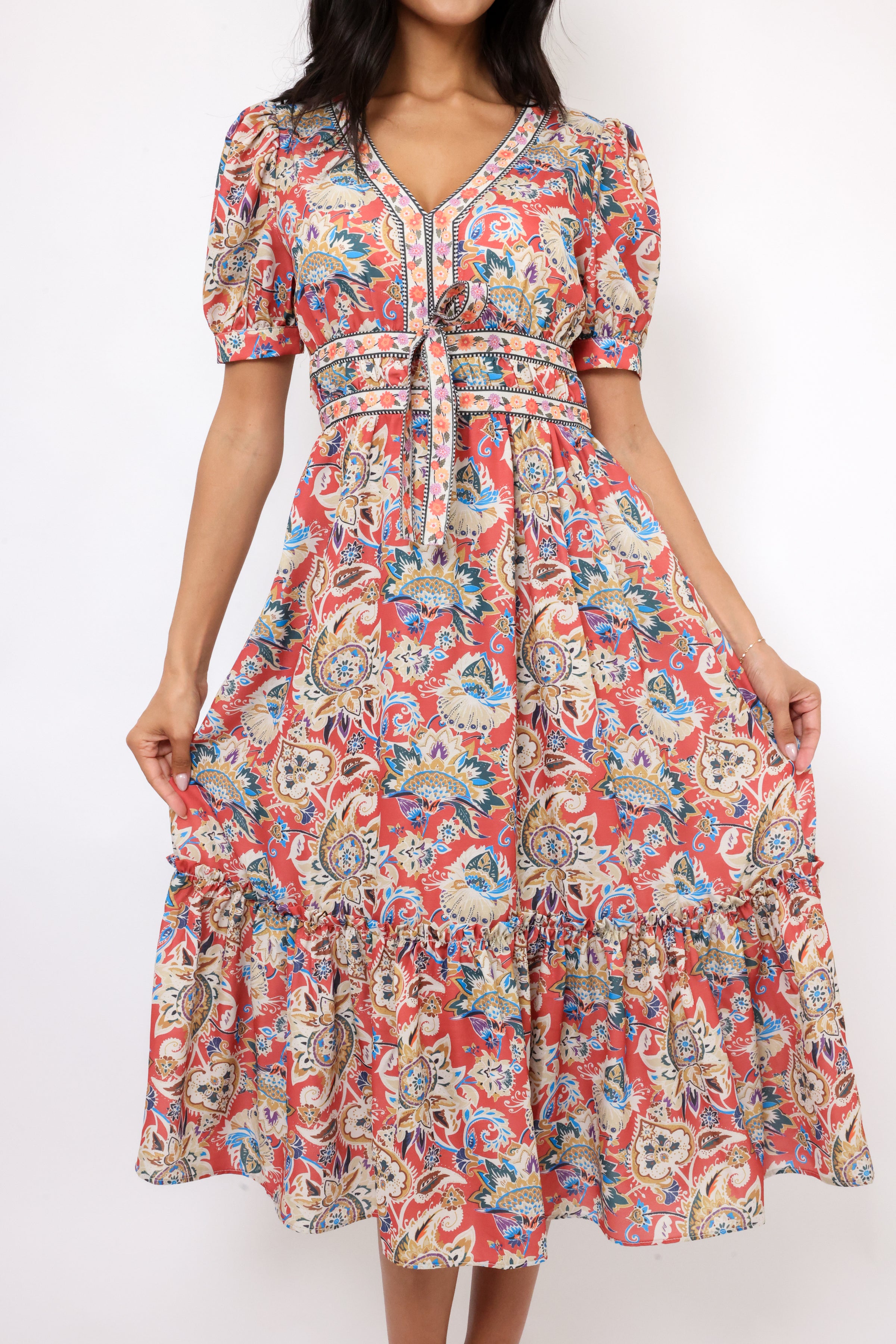 Puff Short Sleeve Ruffle Hem Midi Dress