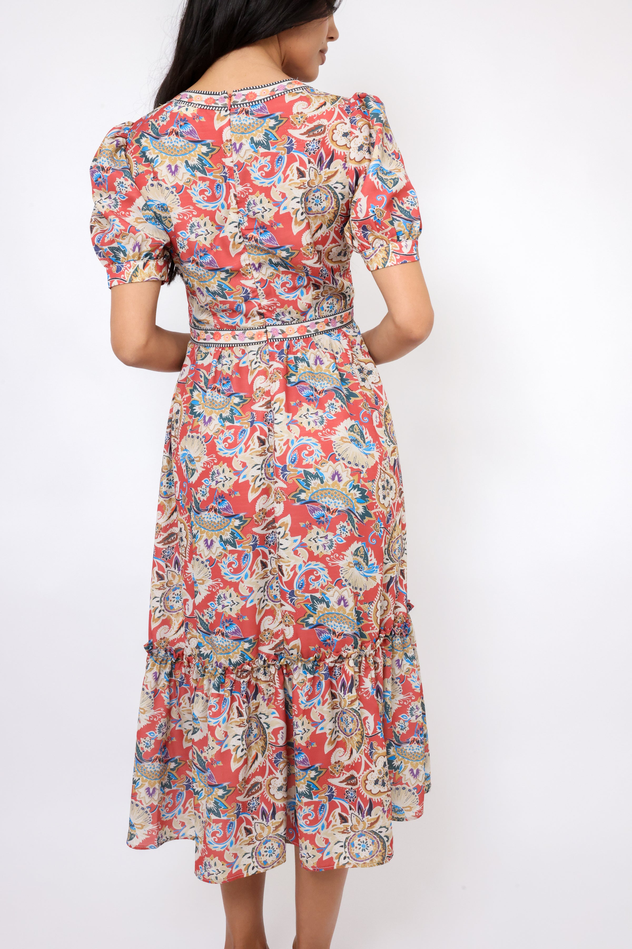 Puff Short Sleeve Ruffle Hem Midi Dress