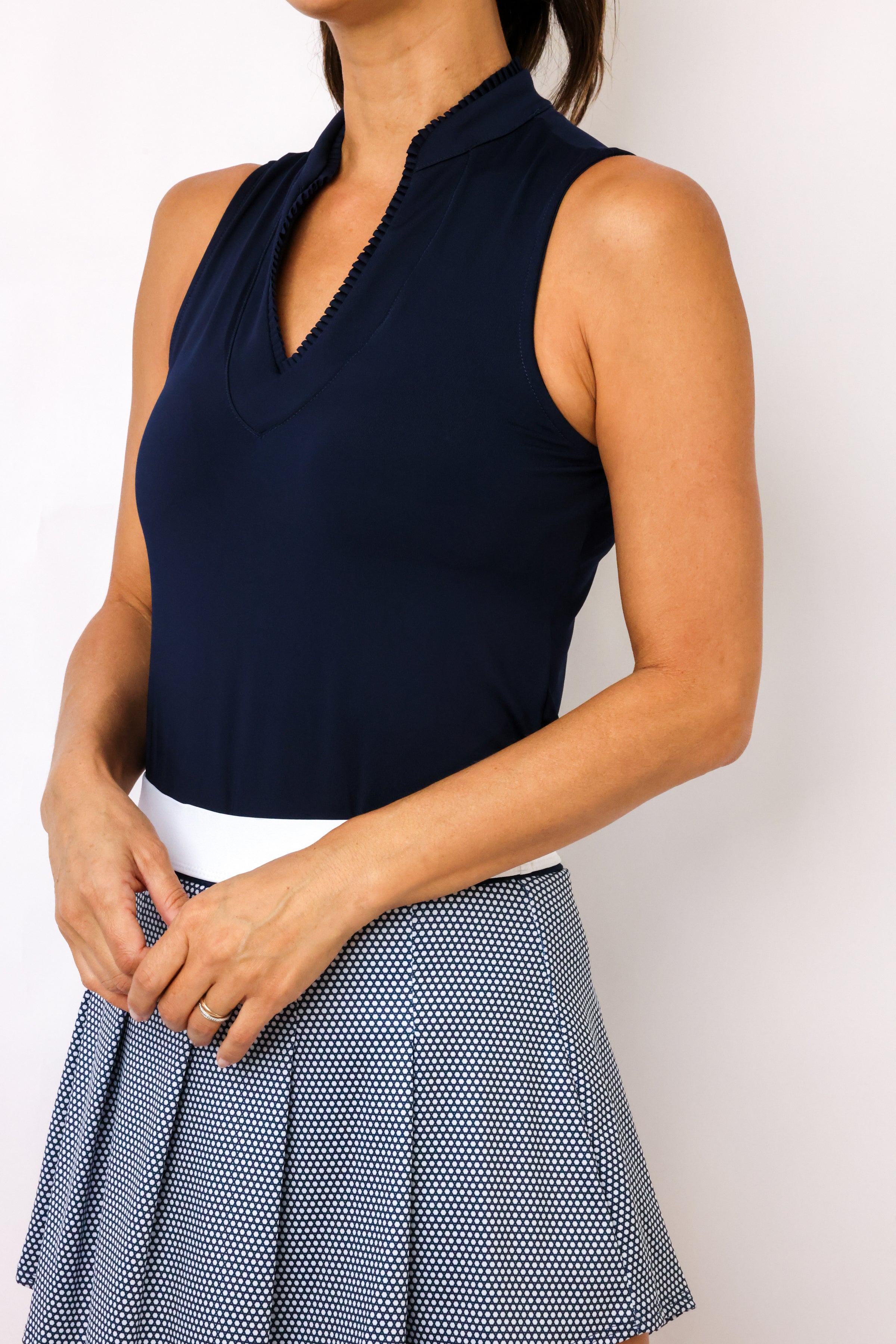 Lucky In Love Pleated Placket Sleeveless Top