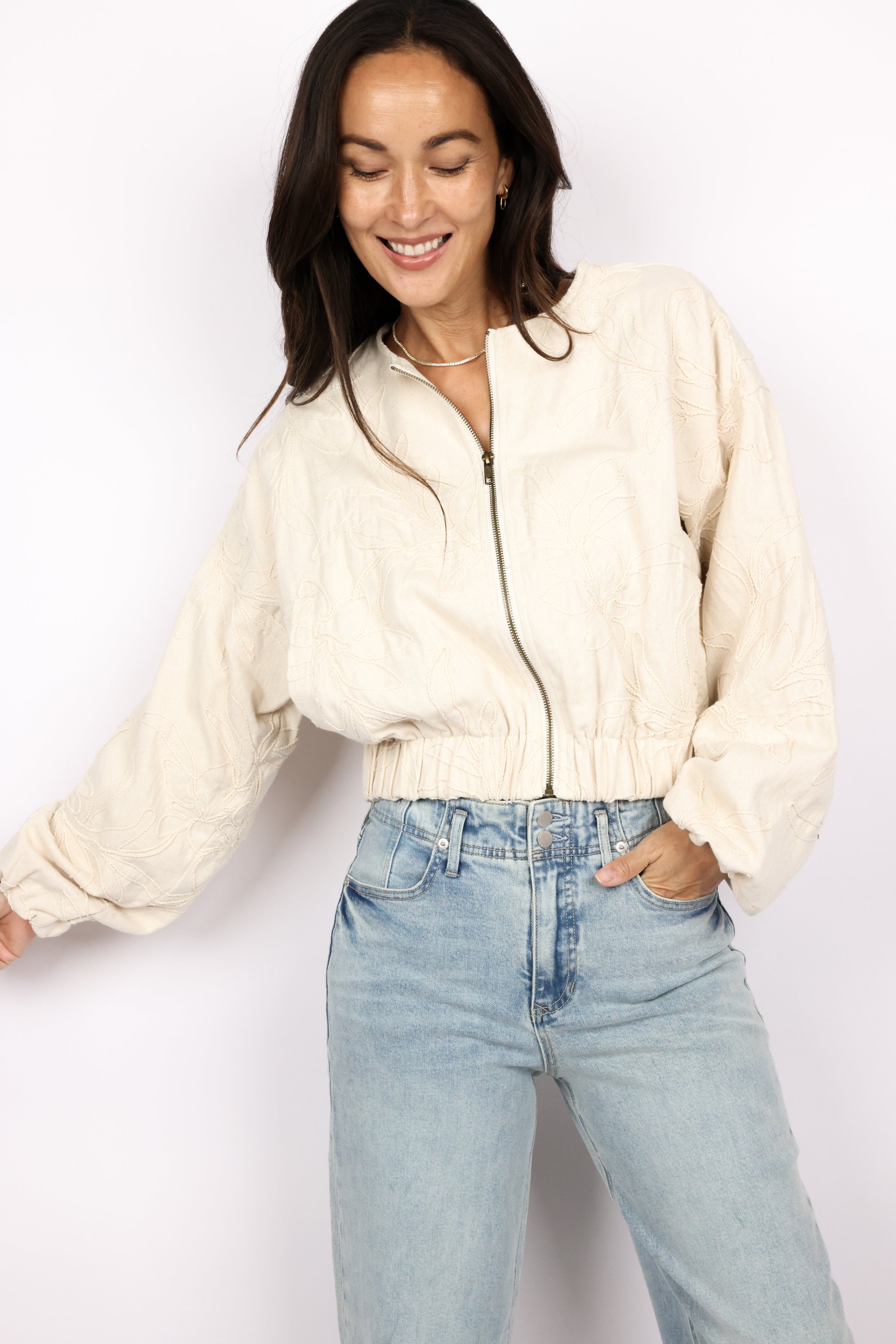 Floral Jacquard Zip Up Jacket